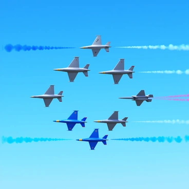 A display of military aircraft flying in synchronized formation during an airshow. The aircraft are in various colors, including grey and blue, with distinct insignias on their wings. The sky is clear and blue, providing a vivid backdrop for the performance. Smoke trails in red, white, and blue color are following each aircraft, enhancing the dynamic display. The aircraft are positioned in a perfect V-shape, creating a sense of precision and coordination among them.