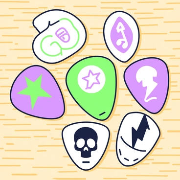 A set of guitar picks is displayed on a wooden surface. Each pick features a distinct design prominently showcasing various popular band emblems and logos. The picks vary in shape and size, with some having rounded edges while others are pointed. One pick displays a circular emblem with a star at its center, while another features a lightning bolt design. A third pick showcases a skull logo with musical notes flanking it. The arrangement of the picks highlights the diversity of designs, creating an eye-catching collection.