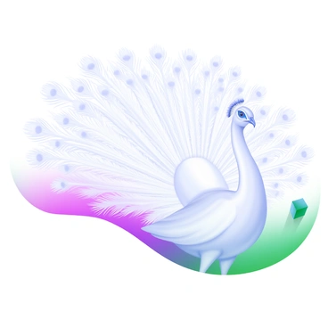 An elegant albino peacock standing proudly with its bright white plumage fully displayed. The peacock's feathers fan out in a stunning array, showcasing intricate patterns and a shimmering sheen. Its piercing blue eyes contrast sharply with the white feathers, drawing attention. The background features soft pastel colors to enhance the beauty of the peacock's vibrant display.