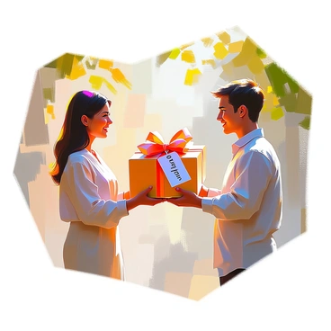 A person giving a gift wrapped in a bow labeled 'Charity' to another person