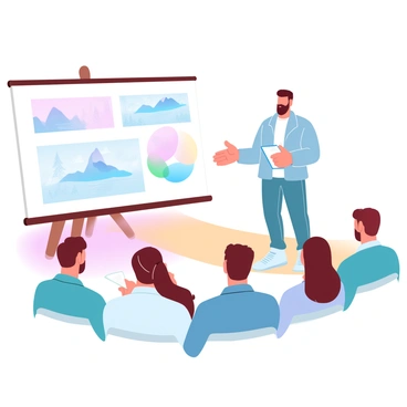 An artist stands confidently in front of an attentive audience, holding a sketchbook filled with colorful illustrations. The artist is wearing a casual outfit, with a light jacket and jeans, while gesturing towards one of the sketches, which features a vibrant landscape. In the background, a large easel displays another detailed illustration. The audience is seated, with some individuals taking notes and others leaning forward in interest. The room is filled with warm, inviting colors, creating an atmosphere of creativity and inspiration.