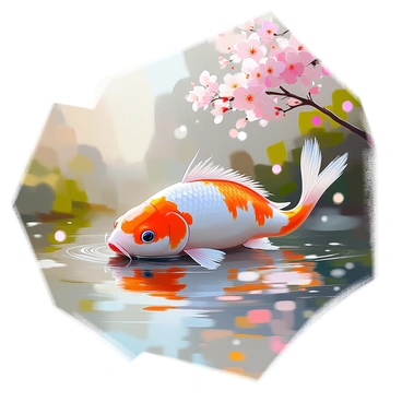 A koi fish with vibrant orange and white patterns is gracefully swimming in a serene pond. Its scales shimmer in the light, reflecting the surrounding lush greenery. The fish begins to transform, with its body elongating and changing form. As the transformation progresses, it develops dragon-like features, such as elegant wings sprouting from its sides and a long, serpentine tail. The scene is set against a backdrop of swirling mists and glowing orbs of light, enhancing the mystical atmosphere. Soft ripples spread across the water's surface, and delicate cherry blossoms float gently in the air, adding to the enchanting setting.