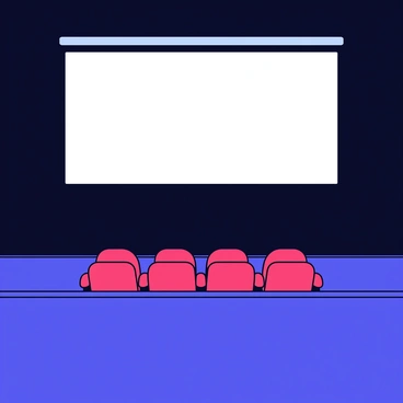 A single red theater seat is occupied in an empty cinema. The seat is positioned in the center of the row, facing a large screen that glows brightly. The screen displays vibrant scenes from a movie, casting a soft light across the surrounding area. The cinema is dark except for the illuminated screen, and the floor is empty, emphasizing the solitude of the scene.