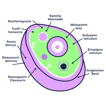 A detailed 3D model representation of an animal cell is centered in the image. The cell membrane is visible, smoothly encapsulating the entire structure. Inside the cell, various organelles are displayed, including a nucleus with a prominent nucleolus, mitochondria with distinct inner membranes, and rough and smooth endoplasmic reticulum bands located adjacent to the nucleus. Each organelle is clearly labeled with arrows pointing to them for clarity. The labels are neatly arranged, ensuring that they are easy to read. Additional organelles such as lysosomes and Golgi apparatus are also positioned within the model, contributing to the overall educational value of the representation.