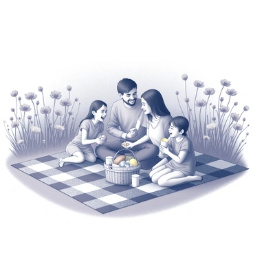 A family sitting on a checkered picnic blanket spread out on the ground. The blanket is adorned with a basket filled with various picnic foods. In front of them, two children are laughing while holding sandwiches. The parents are smiling as they pour drinks into cups. Surrounding them, a vast meadow is filled with "California poppies" in full bloom, their delicate petals fully open under the sunlight. The scene captures the essence of a joyful day spent outdoors, emphasizing the interaction among family members and the vibrant flowers around them.