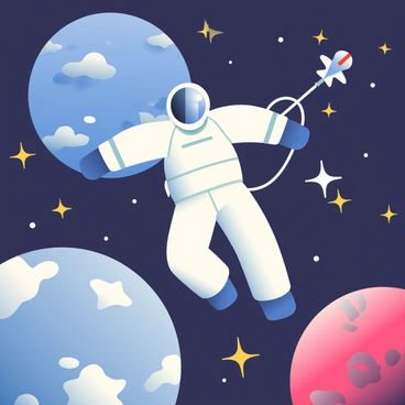An astronaut in a white space suit is floating in the vastness of space. The astronaut has a reflective helmet that mirrors the surrounding cosmos. Bright stars are scattered throughout the background, twinkling against the dark void. To the left, a large blue planet with swirling clouds and white polar caps is visible. To the right, a smaller red planet with a rocky surface is nearby. The astronaut's arms are outstretched, and a silver tether is connecting them to a spacecraft in the distance.