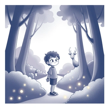 A character stands at the edge of a forest, their expression one of awe and curiosity. The trees tower above, with trunks that twist and turn, and their foliage is lush and dense. Glowing plants dot the forest floor, emitting a soft luminescence that highlights the path ahead. Mystical creatures can be seen peeking from behind the trees; one resembles a delicate, ethereal deer with intricate antlers, while others flit about like small, shimmering fairies. The air is filled with a sense of wonder as tiny orbs of light drift lazily through the scene, illuminating the enchanting surroundings.