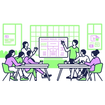 A business school classroom filled with students engaged in learning about the "business model canvas." There are several rows of desks with students seated, some taking notes while others are discussing ideas together. At the front of the room, there is a large whiteboard displaying a detailed "business model canvas" diagram, divided into sections such as "value proposition," "customer segments," and "revenue streams." The instructor is standing beside the whiteboard, pointing to one of the sections with a marker in hand. Natural light filters through large windows, illuminating the room which has educational posters on the walls related to business concepts.