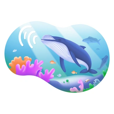 An underwater scene featuring a large, majestic whale swimming gracefully. The whale's mouth is open as it emits melodic sounds, and visual sound waves are illustrated radiating outward in concentric circles. Surrounding the whale are vibrant coral reefs in shades of pink and orange, with a variety of small fish swimming among the corals. Soft beams of light penetrate the surface of the water, illuminating parts of the ocean floor, which is scattered with shells and small rocks. In the background, silhouettes of other marine life can be seen, adding depth to the scene.