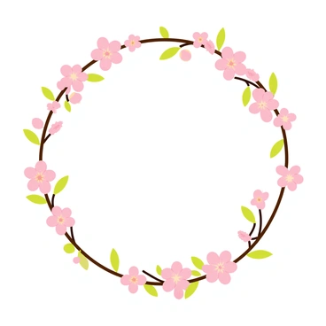 An elegant wreath composed of intertwined cherry blossom branches featuring soft pink flowers. The branches have delicate green leaves that complement the blossoms. The wreath is set against a soft blue background, emphasizing the gentle tones of the flowers and leaves. The circular shape of the wreath creates a harmonious frame that draws attention to the beauty of the cherry blossoms.