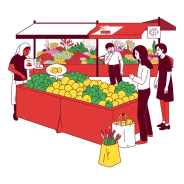 A red market stall is overflowing with a variety of fresh fruits and vegetables, including bright yellow oranges and leafy greens. Nearby, a group of three people is engaged in animated conversation, with one person holding a yellow shopping bag filled with produce. The background features additional stalls displaying colorful flowers and herbs, while more shoppers browse through the offerings. The market is lively, filled with vibrant activity and the sounds of chatter.