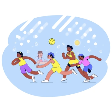 An underwater view showcasing several water polo players in motion. The players, wearing bright colored swimsuits, are engaged in a dynamic game, with some swimming rapidly while others are positioned to pass the ball. Bubbles rise around them as they exert energy, creating a sense of movement. The water is clear, allowing visibility of their movements and expressions of concentration. The background features abstract patterns of light dancing through the surface of the water.