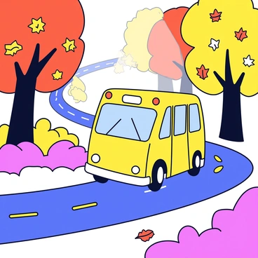 A bright yellow bus is traveling along a winding road through a forest filled with trees displaying vibrant autumn leaves in shades of orange, red, and gold. The bus is in motion, with a slight blur indicating speed. Sunlight filters through the branches, casting dappled light on the road. The ground is covered with a carpet of fallen leaves, adding to the rich colors of the scene.