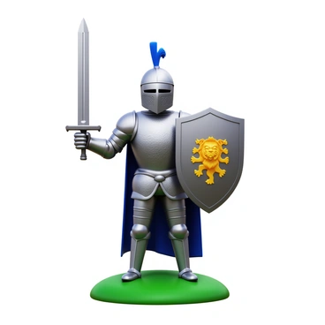 A medieval knight in shining metal armor, standing proudly with a gleaming sword held high in one hand and a large, rounded shield emblazoned with a lion crest in the other. The knight's helmet is adorned with elegant plumes, and intricate engravings cover the surface of the armor, reflecting light. The knight stands on a grassy field, with a hint of a castle wall in the background.