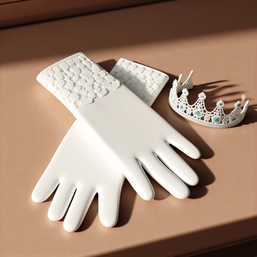 A pair of delicate white lace gloves, intricately designed with floral patterns, are resting gently on a polished wooden dressing room table. Beside the gloves, a sparkling ballet tiara, adorned with shimmering gemstones and elegant silver filigree, catches the light beautifully. The soft fabric of the gloves contrasts with the hard surface of the table, creating a harmonious arrangement of ballet accessories. The setting is intimate, with soft shadows cast by the nearby light source, highlighting the elegance of the scene.