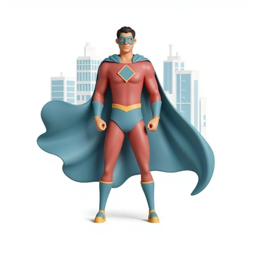 A superhero avatar, wearing a sleek, form-fitting red and blue suit with gold accents, stands confidently in a power pose. The character has a muscular build and a determined expression, with a strong jawline and a mask that covers the upper part of their face. A long, flowing blue cape billows dramatically behind them, catching the wind as it flares out. The background is a city skyline, with tall buildings and a blue sky, emphasizing the height and strength of the superhero.