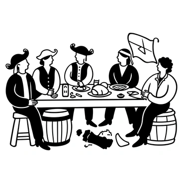 A group of pirates with various attire, including hats and vests, gathered around a sturdy wooden table laden with a hearty meal. Plates of roasted meat, loaves of bread, and flagons of drink are spread across the table. A large barrel sits beside the table, and there are scattered bones and crumbs around the table's edge. In the background, tattered maps and nautical instruments are visible, hinting at their adventurous lifestyle.