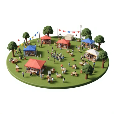 A vibrant community event taking place in an open park setting. Various colorful vendor tents are set up, selling handmade crafts, delicious food, and local produce. There are people of diverse backgrounds walking through the event, some browsing the vendor stalls, while others are seated at picnic tables enjoying their meals. A small stage is positioned at one end of the park, where a band is playing lively music, attracting a crowd of cheerful attendees dancing and clapping along. Balloons and banners add splashes of color throughout the scene.
