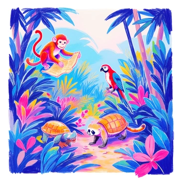 A group of adventurous animals is navigating through a dense jungle filled with lush green foliage. In the foreground, a curious monkey swings from a vine, holding a treasure map in its paws. Near the monkey, a brave parrot with vibrant red and blue feathers is perched on a branch, looking over the landscape. On the ground, a determined raccoon is digging in the dirt, searching for hidden treasures. Behind them, a wise turtle slowly makes its way through the underbrush, glancing around with keen eyes. Brightly colored flowers and towering trees surround the scene, adding to the jungle's vibrant atmosphere.