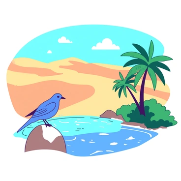 Jo bird resting by a clear oasis in the middle of a vast desert