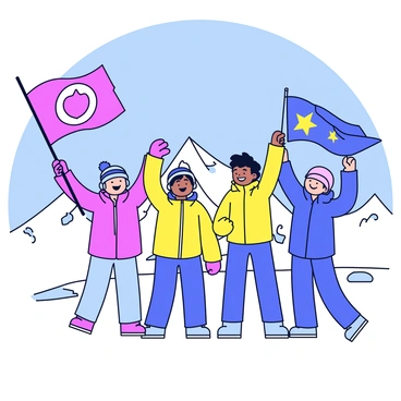 A group of four mountaineers celebrating at the summit of a snowy peak. Each mountaineer is wearing bright colored jackets and snow gear. They are standing together, with smiles on their faces, as they proudly hold up two flags. One flag is red with a white emblem, and the other is blue with a star. The background features a clear blue sky and distant snow-capped mountains. The snow is glistening under the sunlight.