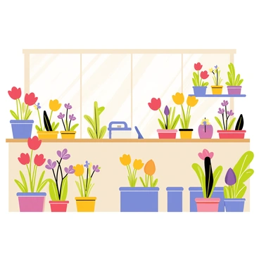 A flower shop filled with various colorful flowers arranged in pots and bouquets. Sunlight streams through large windows, creating bright rays of light that highlight the vibrant petals. The flowers include red roses, yellow tulips, and purple orchids, each displaying their unique colors. Shelves line the walls, showcasing more plants and decorative vases, and a wooden counter sits at the front with a small cash register on it.