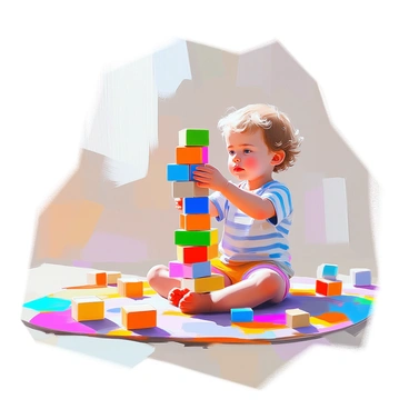 A young child with light skin and curly hair sits on a colorful play mat, assembling a tower made of various wooden blocks. The child is wearing a striped shirt and appears deeply focused, with brows slightly furrowed in concentration as they carefully balance each block on top of the other. The blocks are of different shapes and bright colors, creating a dynamic visual. Nearby, there are scattered blocks and a few toys, emphasizing the playful environment. The child's small hands are gently adjusting a block, ensuring it fits securely in place.