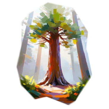 A towering redwood tree with a thick, textured bark stands majestically in the center of a misty forest. Its lush green foliage spreads out in a wide canopy, reaching towards the sky. Wisps of mist weave through the tall trunks of nearby trees, creating a mysterious atmosphere. Soft, diffused light filters through the leaves, casting gentle shadows on the forest floor, which is covered in a blend of ferns and fallen leaves. The scene conveys a sense of grandeur and tranquility, enveloped in the quietness of nature.