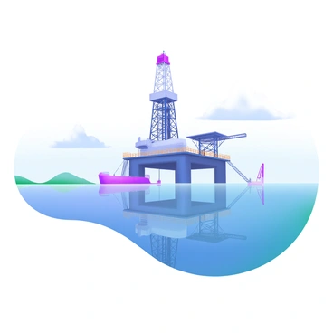 A modern pastel illustration depicting an oil rig standing tall against the horizon, its structure and details sharply defined. The ocean waters below are unusually calm, creating a glass-like surface that perfectly mirrors the oil rig. The reflection shows all the intricate elements of the rig, including the drilling platform and support beams, seamlessly blending with the tranquil water. The sky above is clear, adding a serene blue hue, and the overall composition emphasizes the symmetrical balance between the rig and its reflection in the ocean.