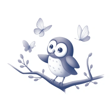 A baby owl perched on a branch, its small body covered in soft feathers. The owl has large, round eyes that are focused on a cluster of butterflies fluttering nearby. Its tiny talons are gently extending outward, as if the owl is trying to interact with the butterflies. The butterflies, with delicate wings, are scattered around, some hovering close to the owl and others dancing in the air. The background features a faint outline of leafy branches, adding to the natural setting.