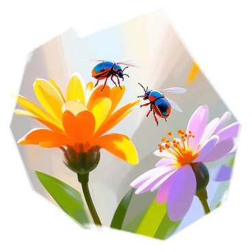 A sequence illustrating the motion of a small beetle with a shiny, iridescent shell as it flies from one vibrant flower to another. The first image captures the beetle perched on the edge of a bright yellow flower, with its wings slightly open. The second image shows the beetle in mid-air, with its wings fully spread, capturing the motion as it glides through the air. In the final image, the beetle is landing on a nearby purple flower, with delicate petals surrounding it. The background features a soft blur of green leaves and sunlight filtering through, creating a sense of depth and movement.