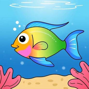 A colorful rainbow fish with vibrant scales reflecting hues of blue, green, yellow, and pink swims gracefully through the ocean. The fish has large, expressive eyes and flowing fins that create ripples in the water. Surrounding the fish are small bubbles rising toward the surface. The ocean floor is visible with sandy textures and patches of coral in various shapes. The scene is illuminated by the soft glow of twilight, casting a gentle light that enhances the colors of the fish and the surrounding water.