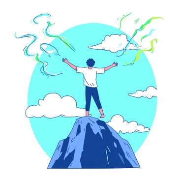 A figure stands on top of a mountain, with arms outstretched as they take a deep breath. The backdrop features a blue sky with fluffy white clouds. Surrounding the figure are colorful streams of fresh air, depicted as vibrant flowing lines in a blend of teal and yellow, swirling and dancing around them. The mountain's rocky surface is rugged and detailed, contrasting with the smoothness of the air streams. The figure appears peaceful, embracing the moment of serenity amidst the grandeur of nature.