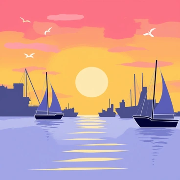 A harbor filled with various sailboats and yachts is under a picturesque sunset. The sky is painted in vibrant shades of orange, pink, and purple, casting reflections on the calm water. The silhouettes of the sailboats are outlined against the colorful sky, with some boats having their sails raised. Light glimmers on the surface of the water, enhancing the tranquil scene. A few seagulls can be seen flying above the harbor, completing this serene coastal view.
