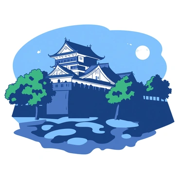 Osaka Castle is prominently displayed, its majestic structure highlighted by the soft glow of the moonlight. The castle's traditional architecture features elegant curved roofs and ornate details. Surrounding the castle, there are lush green trees casting gentle shadows. The moon is visible in the night sky, illuminating the scene and creating a tranquil atmosphere. The ground is a combination of dark stones and patches of grass, enhancing the contrast with the illuminated castle.