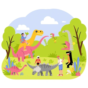A vibrant jungle filled with lush green trees and colorful plants serves as the backdrop for the scene. Several children, dressed in bright clothing, are joyfully playing with various friendly dinosaurs. One child is riding on the back of a large, gentle brontosaurus, while another is feeding leaves to a small, playful triceratops. In the foreground, a child is laughing as they interact with a curious stegosaurus. The sky above is a clear blue, dotted with fluffy white clouds, adding to the cheerful atmosphere of the prehistoric jungle.