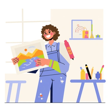 A young artist with curly brown hair is standing in a bright room, smiling widely as they hold up their award-winning drawing. The drawing features a colorful landscape with a sunset, mountains, and a river. The artist is wearing a blue shirt and denim overalls, with paint splatters on them. In the background, there are art supplies scattered on a table, including colored pencils and paintbrushes. A few framed drawings hang on the walls, showcasing the artist's talent.