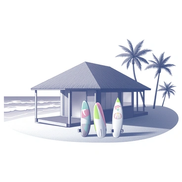 A small wooden hut with a thatched roof sits on the sandy beach. The hut has large windows and a wooden porch that extends out, providing a view of the ocean. In front of the hut, there are three surfboards lined up, each one different in shape and size. The surfboards are positioned vertically in the sand, showcasing their bright designs and graphics. The gentle waves of the ocean can be seen in the background, along with a clear sky above. Palm trees are swaying slightly in the breeze, adding to the coastal atmosphere.