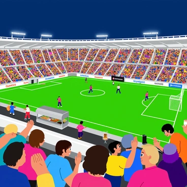 A packed stadium filled with enthusiastic fans wearing team colors and waving flags. The crowd is cheering loudly as players engage in an intense competition on the field. Bright spotlights illuminate the stadium, creating an energetic atmosphere. Food stalls are visible around the perimeter, with vendors serving various snacks to the spectators. Banners promoting local businesses and tourism are displayed throughout the stands, emphasizing the connection between sports and the local economy. Excited families and friends are gathered together, enjoying the thrilling experience of the event.