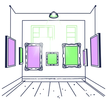 An art gallery features multiple empty picture frames hanging on the white walls. Each frame varies in size and design, with some being ornate while others are simple. Dust covers the wooden floor, settling in layers in the corners of the room. In the center, there are scattered beams of light coming in through windows, illuminating the dust particles in the air. The atmosphere feels quiet and still, emphasizing the absence of artwork within the frames.