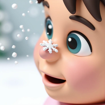 A close-up view of a child's face, focusing on their rosy nose. The child's nose is slightly upturned, with a delicate snowflake resting perfectly on the tip. The child has bright eyes, and their cheeks are flushed from the cold. Tiny snowflakes are falling softly around them, creating a wintery atmosphere. The background is softly blurred to emphasize the child and the snowflake.