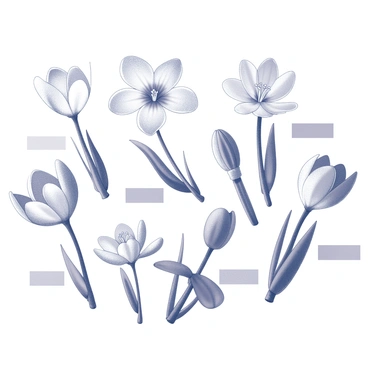 A collection of various crocus flower varieties displayed in a natural setting. Each flower features distinct shapes and sizes, with some having broad petals while others are smaller and more delicate. The flowers exhibit different textures, with some having smooth surfaces and others showing slight ruffles along the edges. Labels are positioned neatly beside each variety, clearly identifying them. The scene is arranged harmoniously, highlighting the diversity among these crocus flowers.