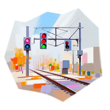 A technical drawing showcasing a detailed railway signal system. The drawing features multiple semaphores, each depicted in various positions, indicating different signals. The semaphores have tall poles with arms that are painted in bright colors, such as red and green, for clear visibility. Intricate wiring connects the signals to a control box, which is illustrated at the base of the semaphores. The layout includes tracks running below the signals, and the surrounding area is illustrated with additional components like signal boxes and a few scattered trees for context. The drawing emphasizes precision and clarity in the arrangement of the components.