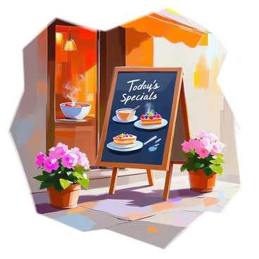 A decorative chalkboard sign placed outside a cozy cafe. The sign displays "Today's Specials" at the top in a flowing script. Below, there are colorful chalk drawings of the featured dishes, including a steaming bowl of soup, a fresh salad with vibrant vegetables, and a slice of cake adorned with berries. The cafe's rustic wooden exterior is visible in the background, and there are potted flowers flanking the sign, adding to the inviting atmosphere. The sun casts a warm glow, enhancing the charm of the scene.