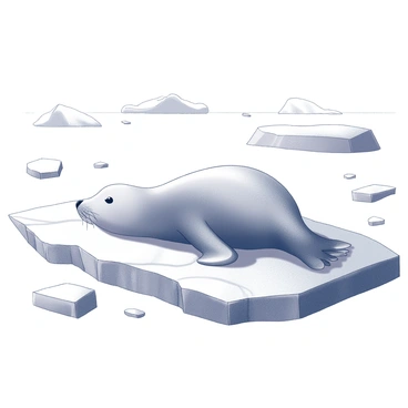 A seal is resting on a large, flat ice floe surrounded by floating ice pieces. The seal is positioned comfortably, with its body elongated and its flippers tucked close to its sides. The texture of the ice floe is detailed, showing uneven surfaces and crevices. In the background, there are scattered icebergs and a clear sky, creating a vast, open atmosphere. The scene conveys a sense of stillness in the harsh Arctic environment.