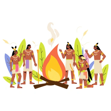 A group of five tribal figures dressed in traditional garments are gathered around a large, glowing sacred fire. The figures are of varying heights and ages, each displaying unique body paint patterns. Some hold wooden staffs adorned with feathers and beads, while others are positioned in dance poses. The background features stylized jungle plants and trees, enhancing the vibrant atmosphere of the scene. The flames of the fire cast dynamic shadows on the ground, and colorful smoke curls upward, adding an element of mystique to the ritual.