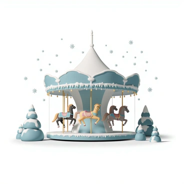 A large carousel, with ornate horses painted in bright colors, stands in a snowy wonderland. The carousel is covered with a layer of glistening frost, and twinkling lights are draped around its edge, illuminating the scene with a soft glow. Snowflakes gently fall from the sky, adding to the wintery atmosphere. The ground is blanketed in fresh snow, and pine trees, also coated in frost, surround the carousel, completing the enchanting winter landscape.