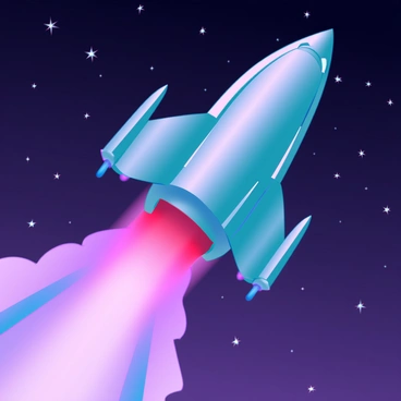 A sleek, futuristic spaceship is ascending into the sky, its metallic surface reflecting the ambient light of distant stars. It is leaving a dynamic trail of smoke in gradient colors, transitioning from deep red at the base to vibrant purple at the tips. The exhaust emits swirling patterns, creating an ethereal look. The background features a star-filled sky with twinkling stars scattered throughout. The spaceship has sharp angles and a streamlined design, emphasizing its advanced technology.
