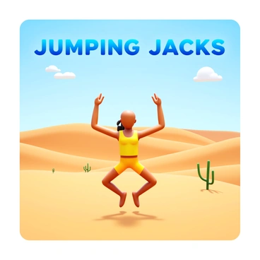 A person wearing a bright athletic outfit is performing jumping jacks in a vast desert landscape. The sky above is clear with a few scattered clouds, and the sun casts strong shadows on the sandy ground. The desert is characterized by rolling dunes that stretch into the horizon, with occasional sparse vegetation. The person's movements create dynamic shapes against the stillness of the landscape. "Jumping Jacks" is visible in bold letters above the scene.