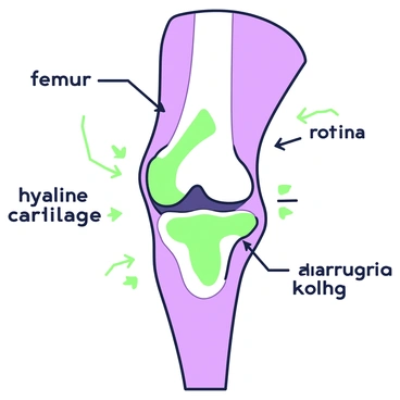 An illustration of a knee joint is prominently displayed in the center. The knee joint is depicted from the side, showcasing the femur, tibia, and fibula. The hyaline cartilage is highlighted, showing areas of damage and wear, indicating its deterioration. Surrounding the joint, arrows illustrate the range of motion with limited mobility, demonstrating how the damaged cartilage affects movement. Additionally, labels point to key components such as "femur," "tibia," and "damaged hyaline cartilage" for clarity. The overall composition focuses on the anatomy of the knee joint and the impact of cartilage damage, emphasizing the functional implications.